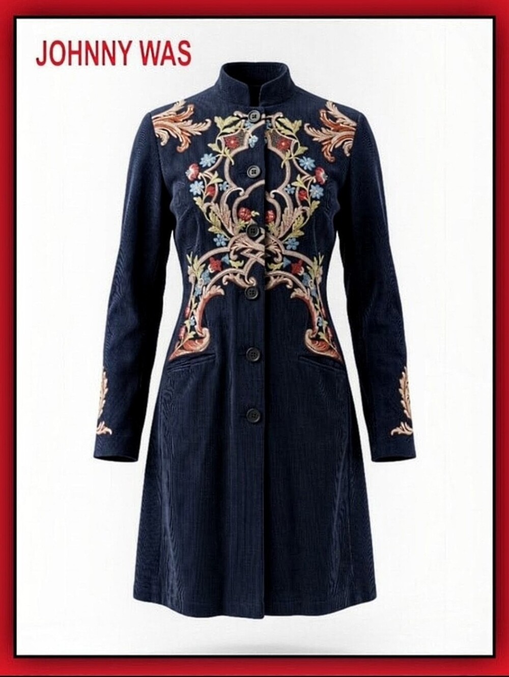 JOHNNY WAS Indigo Black Embroidered Corduroy Jacket M
